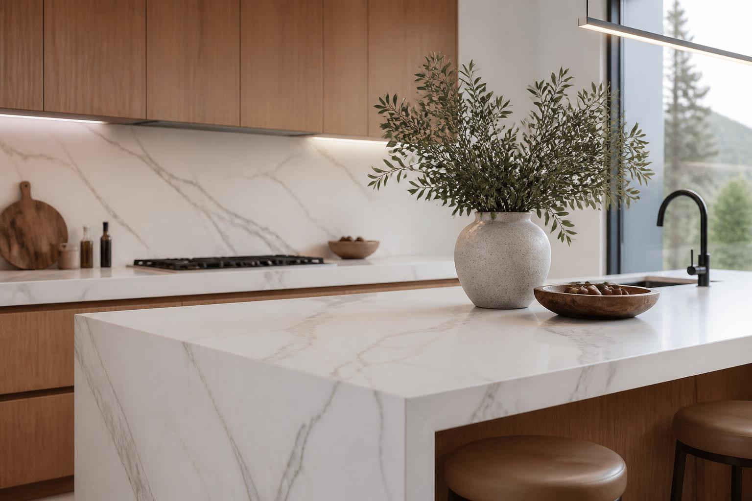 Bancada e ilha de cozinha em mármore branco com cooktop